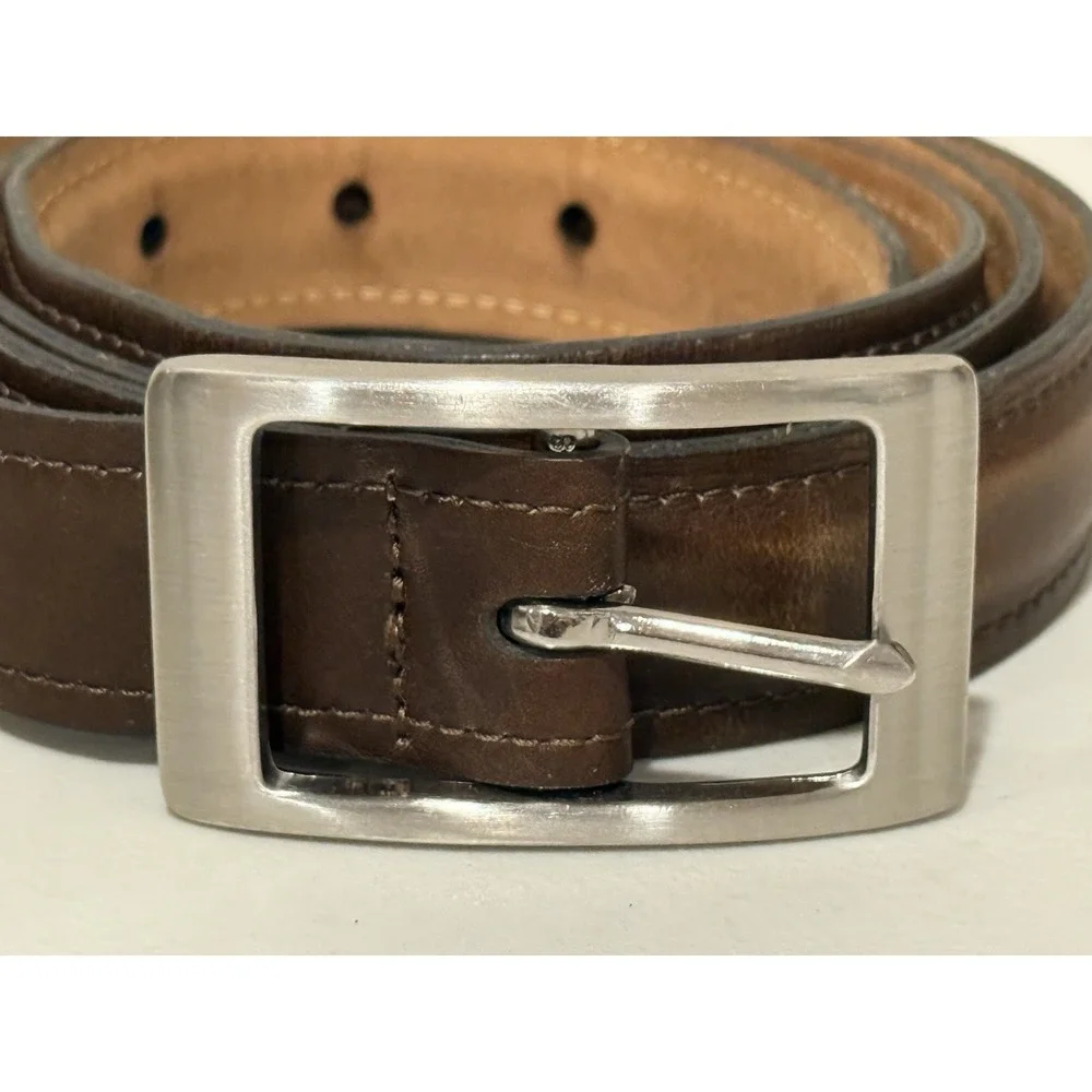 Vintage Brown Leather Dress Belt 38 Men Paneled Casual Silver Large Buckle 45